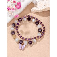 AliExpress vinswet 2 Chain Butterfly Bracelet Natural Stone Amethysts Rose Quart Aventurine Gravel Chip Round Beaded Bracelet Set For Women Jewelry