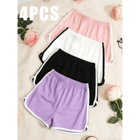 4Pcs Girl Contrast Binding Sport Shorts Polyester Spandex Elastic Waist Breathable Running Casual Shorts for Summer School 2-11Y