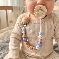 Custom Baby Pacifier Clip Food Grade Silicone Bead Beech Wood Soother Holder BPA Free Teething Toy Personalized Name Dummy Chain
