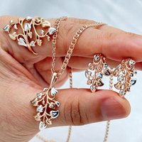 Kinel Unique Ethnic Bridal Leaf Ring Earrings Necklace for Women Fashion 585 Rose Gold Silver Color Mix Daily Fine Jewelry Sets