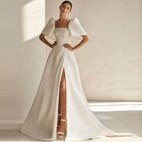 Luxury Wedding Dresses A Line Woman's Sexy Square Collar Short Sleeve High Split Satin Bride Gowns Vestidos De Novia Customized