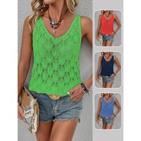 2026 New Summer , Fish Scale Pattern Hollow Sleeveless Breathable Knitted Vest, Women's Casual Loose Summer Beach Vacation Tops