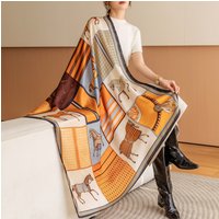 Luxury Horse Print Square Scarf Vintage Imitation Silk Shawl Scarf Women Windproof Outdoor Head Wrap 110*110cm