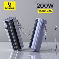 Baseus 200W 25000mAh Powerbank mit zwei einziehbaren USB-C-Kabeln, schnelles Laden für 4 Geräte, tragbares externes Akkuladegerät für Laptops
