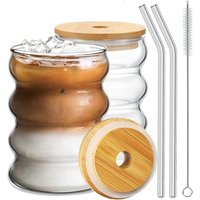 2PCS Heat Resistant Wave Glass Cup with Lid and Straw Multipurpose Drinkware for Home Beer Juice Coffee Cocktail Daily Party Use