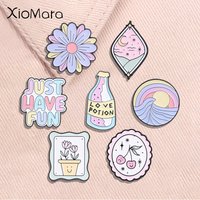 Just Have Fun Enamel Pins Kawaii Pastel Daisy Flower Sunrise Love Potion Funny Quotes Sweet Brooches Lapel Badge Jewelry Gifts