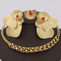 African Luxury Elegant Hollow Flower Shaped Necklace Ring Earrings Set For Party and Wedding Jewelry Set Gift For Women
