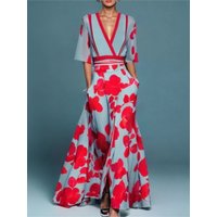 2024 Women's Spring Autumn New Fashionable Printed Sexy Deep V-neck Shrink Fold Belt Temperament Commuter Short Sleeved Dress