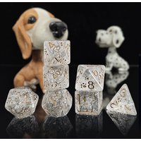 7Pcs Transparent Glitter Acrylic Dog Themed Polyhedral Dice Set with Gold Numbers for Tabletop RPG DND Pathfinder