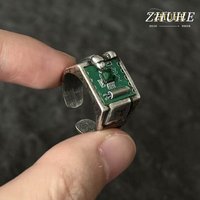 Cyberpunk Circuit Board Ring Jewelry Accessories for Men Women, Copper Alloy Adjustable Open Band with Green Crystal, Unique Tec