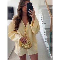 HH Women Summer V Neck Cozy Wrinkle Effect Set Long Sleeve V-neck Lace Up Top+Chic High Waist Drawstring Pocket Shorts Suit