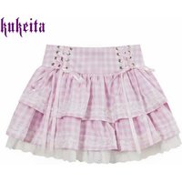 Kukeita Harajuku Sweet Pink Plaid Skirt Women Japanese Y2k Girls Kawaii High Waist Bow Lace-up Ruffle Cake Mini Skirt Streetwear