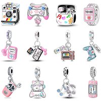 Fit Original 925 Sterling Silver Charms Beads Game Console Headphones Pink Charms for Women Fine DIY Birthday Jewelry Gifts
