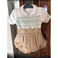 0-6Y Baby Boy Summer Khaki Handmade Embroidery Smocked Outfit Suit for Birthday Holiday Christmas A98 image 3