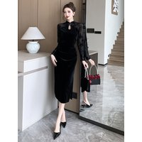 Elegant High Waist Lace Splice Dress Luxury Slimming Modified Long Sleeve Velvet Gown for Young Women