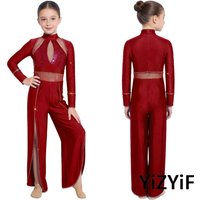 Kids Lyrical Jazz Dancewear Girls Ballet Dance Bodysuit Unitard Neck Long Sleeve Rhinestone Sequins Mesh Split Wide Leg Jumpsuit