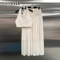 CHICEVER Apricot Spliced Folds Two Piece Set Female Halter Sleeveless Vest Vacation Travel Women's Skirt Sets Summer Fashion New