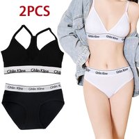 2 Pcs Women Underwear Set Cotton Pad Bra with Panty Sports Vest And Briefs