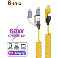 6 in 1 PD 60W USB-C Spring Short Charging Cord Telescopic Data Cable 2 to 3 USB A/C to Type C/Micro For iPhone Samsung MacBook