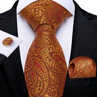 Men Tie Orange Paisley Luxury Polyester Wedding Prom 8cm Necktie Set Pocket Square Cufflinks Gift for Husband Men Accessory
