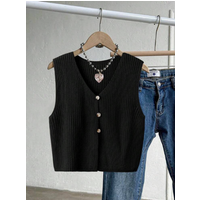 Ladies Red Vest Top Vintage Button V-Neck Knitted Sweater Sleeveless Layering Fashion Retro Style All-Match Backless Cardigan