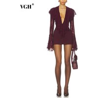 VGH Sexy Club Burgundy Lace Plunge Bodysuit for Women Ruffled Design Long Flare Sleeves Slimming Bodysuits for Luxury Dinners