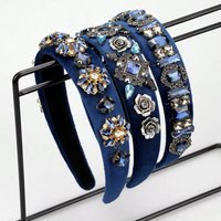 1PC Women Navy Blue Rhinestone Flower Baroque Headbands Shiny Crystal Vintage Hairbands For Party Gift Hair Accessories