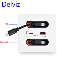 Delviz USB Socket with charging cable Retractable, Universal 5V 3100MA USBA+USBC Port, 20W Fast charging Type-C Wall USB Socket