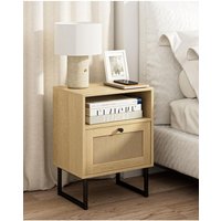 Rattan Bedside Table, Wood Nightstand with Drawer and Oak Shelf, Side and End Table for Bedroom, Living Room, Office