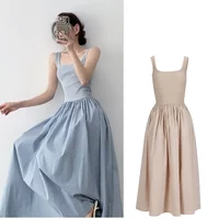 new Summer Patchwork Sleeveless Dress Vintage Female Fashion Casual Holiday Dress For Women Square Neck Long Party Dresses