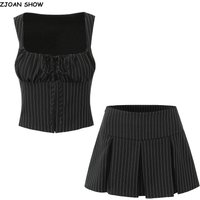 2025 Black Striped Bow Ruched Chest Hook Buttons Crop Top Women Low Waist Package Hips Pleated Mini Skirt Suits 2 pieces 1 Set
