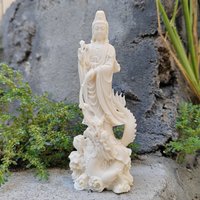 Resin Dragon-Guarding Goddess Guanyin Statue Ornament Halloween Decoration Buddhist Art Display Buddhist Hall Study Room Display Oriental Cultural Symbol Traditional Sculpture Design Home Space