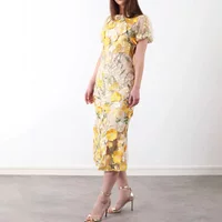 Summer Female High Waist Zipper Knee Length Dress Spring Luxury Embroidery Long Dresses Women Puff Sleeve O Neck Trumpet Dress
