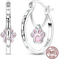 925 Sterling Silver Cute Cat Paw Dangle Hoop Earrings Pink Cubic Zirconia Paved Minimalist Pet Lover Jewelry for Women Gift