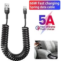 USB Type C 66W Car 5A Fast Charging Cable Type C to Type C Spring Telescopic Cable For iPhone Huawei Xiaomi Realme Redmi OnePlus