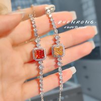 Foydjew 2024 New Trend Red/Champagne Square Ice Flower Cut High Carbon Diamond Bracelets Women's Fashion Silver Color Chain
