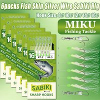 6-pack Sabiki Rig Fish Skin Silver Wire with luminous beads, fishing bait, fishing string hook, mackerel, sardine bait