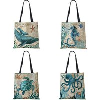 Tote Bag Seahorse Turtle Octopus Print Traveling Shoulder Bags Eco Linen Shopping Bags For Women With Print