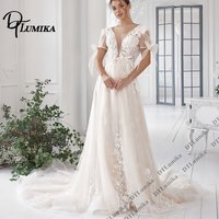 DTLumika Customized Lace Long Bridal Gown with Short Sleeves A Line Romantic Wedding Dresses Deep V Neck Court Train Bride Dress