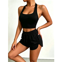 Women's outfit - Solid color halter top with backless vest and elastic waistband solid color drawstring shorts set