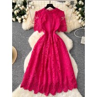 Frauen Vintage Elegante Abend Party Kleid Sommer Hohl Haken Blume Wasser-lösliche Spitze Lange Kleider Französisch Kurzarm Vestido