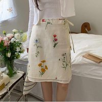 Summer Korean High Street Casual Mini Skirt Women's Botanical Floral Print Drawstring Tie Skirt Vintage Elegant Holiday Skirt