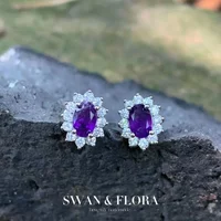 Genuine Natural Amethyst 925 Sterling Silver Stud Earrings for women Jewelry Gift 1.4ct Ocean Blue Topaz Oval Pave CZ