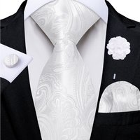 Luxury White Paisley Men's Silk Tie Set Pocket Square Cufflinks Wedding Party Accessories Brooch Pin Gift Wholesale