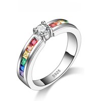 Real 100% 925 Sterling Silver Color Rainbow Cubic Zircon Rings For Women Wedding Lovely Engagement Proposal Ring Accessory