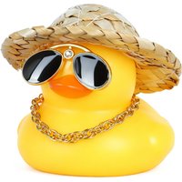 Rubber Duck Car Decor with Straw Hat, Gold Sunglasses, Necklace,Squeaky Dashboard Accessories, Decor Duck for Car