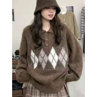 Retro Polka Dot Knitted Sweater Women's Loose Lazy Style Collar Pullover Autumn Winter Fashion Casual Wear Polyester Fiber