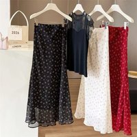 Chiffon Floral Skirt For Women Summer Drapey Chiffon Hip-hugging Black Fishtail Skirt Red Printed Midi Skirt Ladies Saia