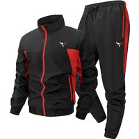 Bull Print Colorblock Sports Set for Men Outdoor Stand Collar Zip Up Jacket Coat Outwear Tops Pants Trousers with Zipper Pockets