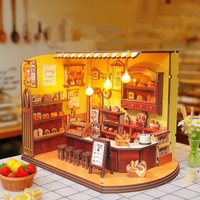 OUZEY Time Bakery Cottage DIY Wooden Miniature Doll House with Furniture Lights Friends Birthday Gift Miniature Building Kits